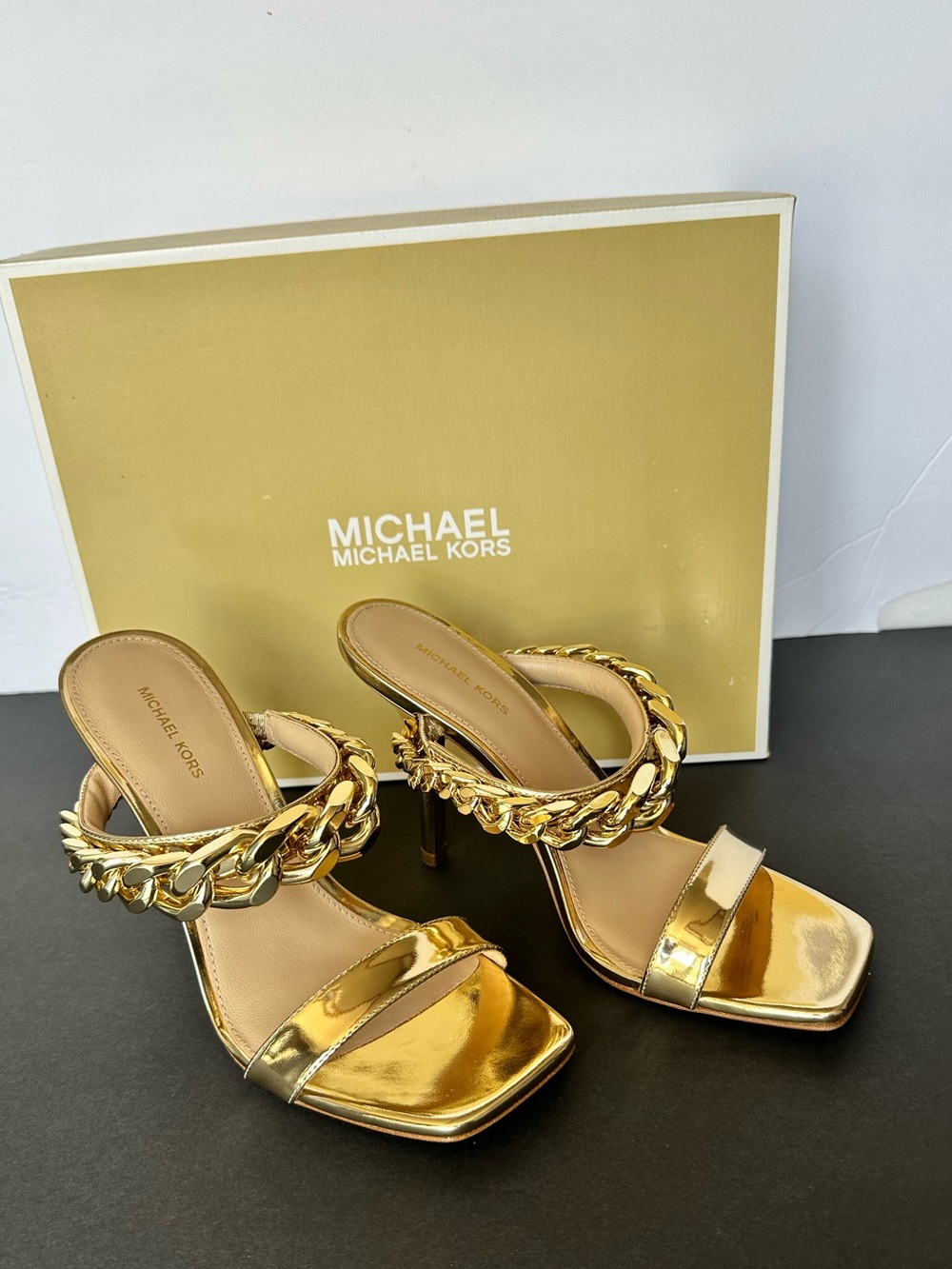 Michael Kors Metallic Gold Chain Strap High Heel Mules.  NEW WITH BOX - Picture 5 of 15